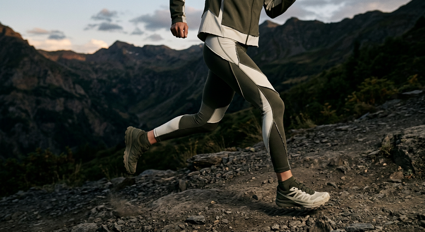 A woman running a rocky mountain trail at dusk, wearing a sculptural couture-cut jacket and leggings in olive and bone technical fabric