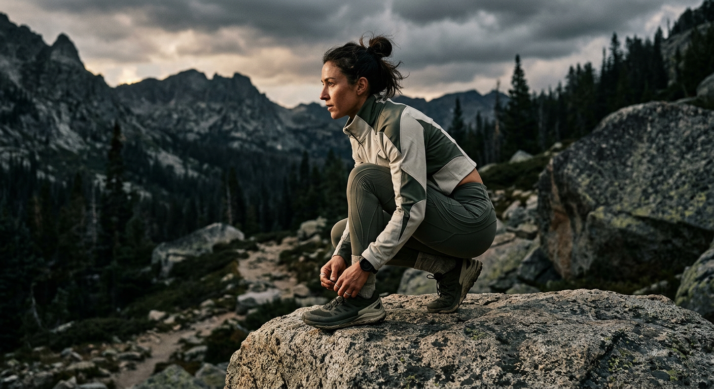 A woman crouched on a boulder tightening her shoe laces, wearing a couture-cut cropped jacket and leggings in bone and moss