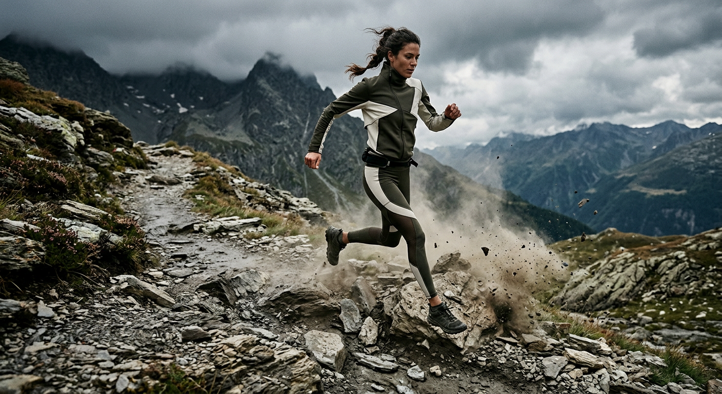 A woman running fast down a rocky technical mountain trail in a sculptural couture-cut jacket and leggings, dust kicking up behind her