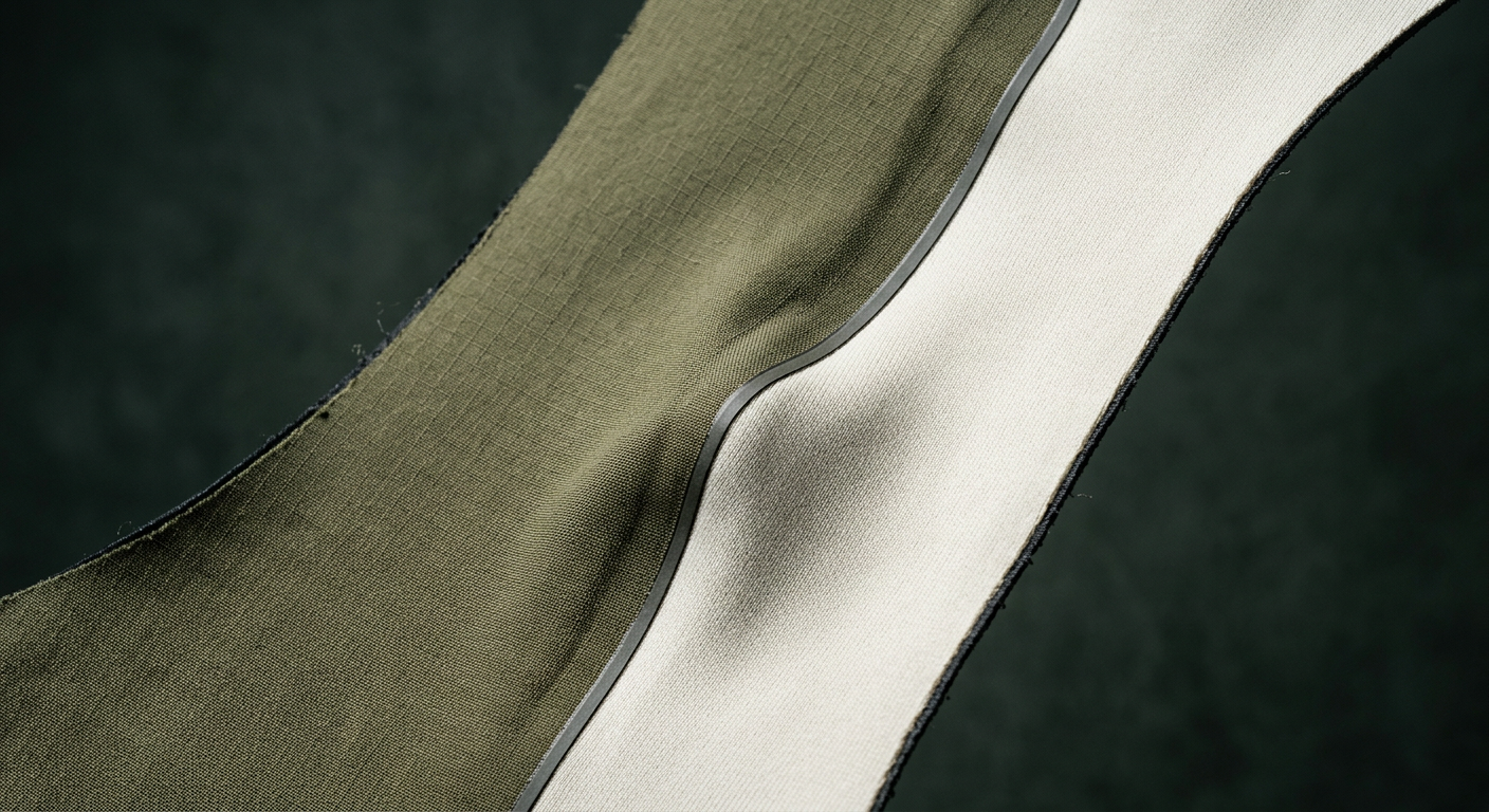 Close-up of a darted, bonded seam joining olive and bone technical trail fabric, cut with couture construction